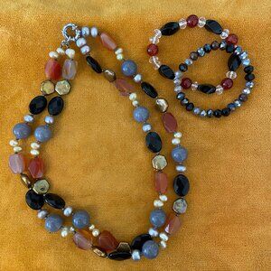 Agate Onyx Abalone Pearl double strand chunky 20" necklace & bracelets